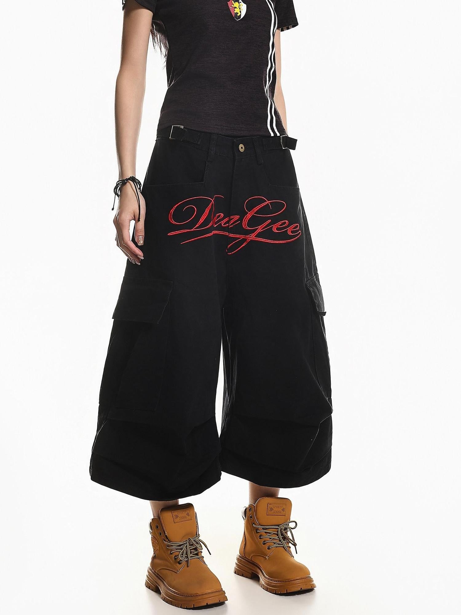 XPKAEAX Vintage Embroidered Letter Pleated Cargo High Waist Women's Denim Wide-leg Jeans