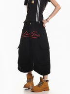 XPKAEAX Vintage Embroidered Letter Pleated Cargo High Waist Women's Denim Wide-leg Jeans