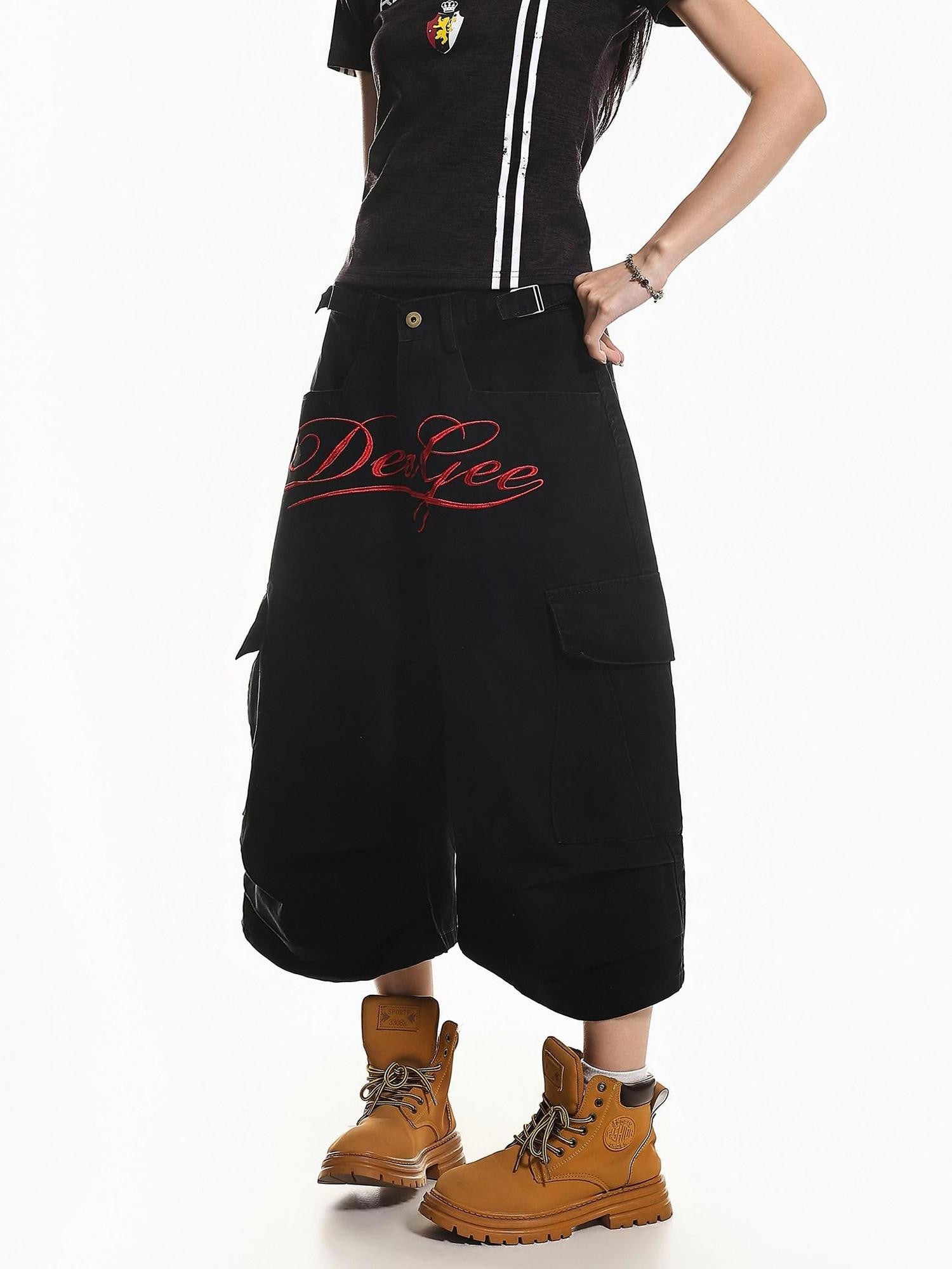 XPKAEAX Vintage Embroidered Letter Pleated Cargo High Waist Women's Denim Wide-leg Jeans