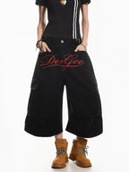 XPKAEAX Vintage Embroidered Letter Pleated Cargo High Waist Women's Denim Wide-leg Jeans
