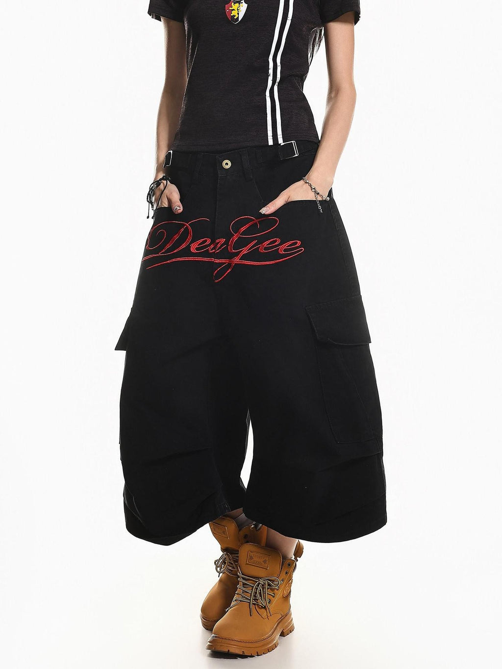 XPKAEAX Vintage Embroidered Letter Pleated Cargo High Waist Women's Denim Wide-leg Jeans