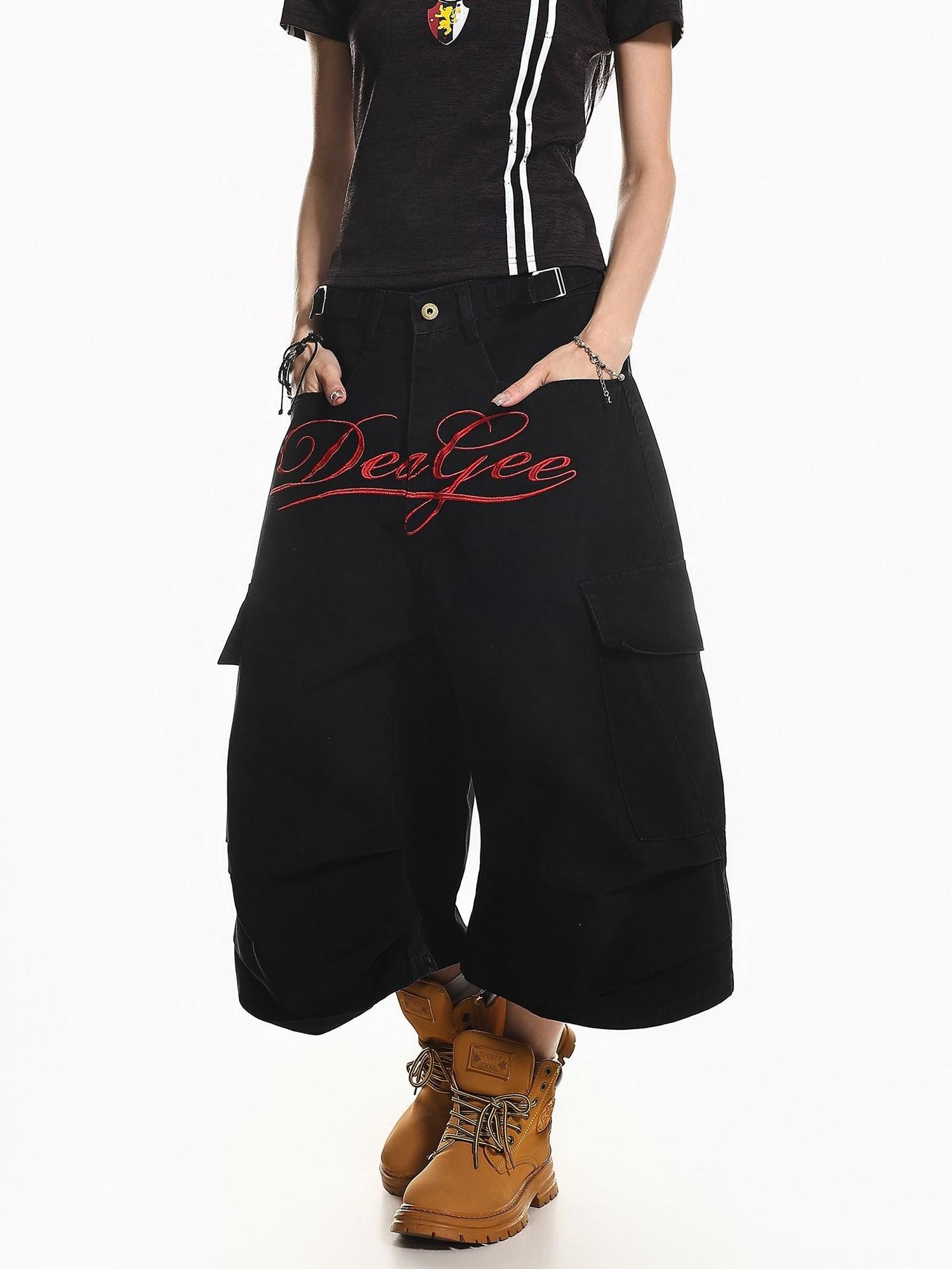 XPKAEAX Vintage Embroidered Letter Pleated Cargo High Waist Women's Denim Wide-leg Jeans
