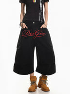 XPKAEAX Vintage Embroidered Letter Pleated Cargo High Waist Women's Denim Wide-leg Jeans