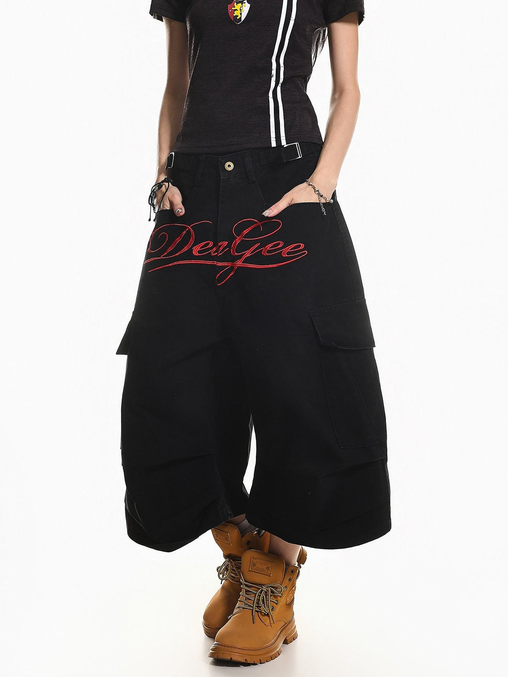 XPKAEAX Vintage Embroidered Letter Pleated Cargo High Waist Women's Denim Wide-leg Jeans