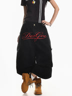 XPKAEAX Vintage Embroidered Letter Pleated Cargo High Waist Women's Denim Wide-leg Jeans