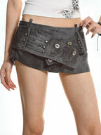 XPKAEAX Vintage Embroidered Tie Dye Low Waist Belt A Line Women's Denim Skorts