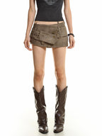 XPKAEAX Vintage Embroidered Tie Dye Low Waist Belt A Line Women's Denim Skorts