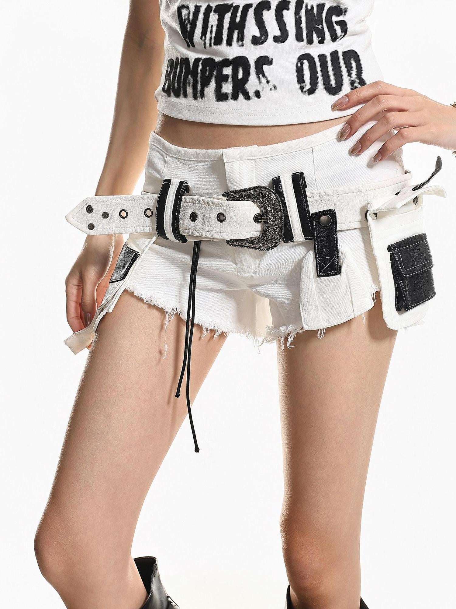 XPKAEAX Vintage Frayed Hem Cargo Low Rise Straight Pockets Women's Washed Denim Shorts