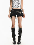 XPKAEAX Vintage Frayed Hem Cargo Low Rise Straight Pockets Women's Washed Denim Shorts