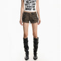 XPKAEAX Vintage High Waist Cargo Raw Hem Straight Women's Washed Denim Shorts 1035719626324