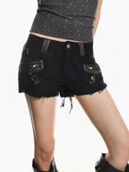 XPKAEAX Vintage High Waist Cargo Raw Hem Straight Women's Washed Denim Shorts