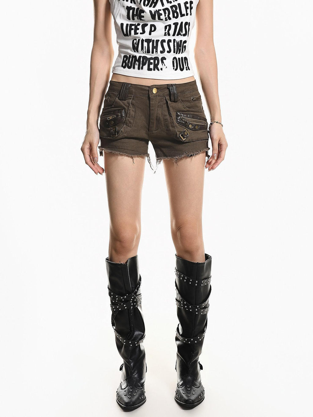 XPKAEAX Vintage High Waist Cargo Raw Hem Straight Women's Washed Denim Shorts