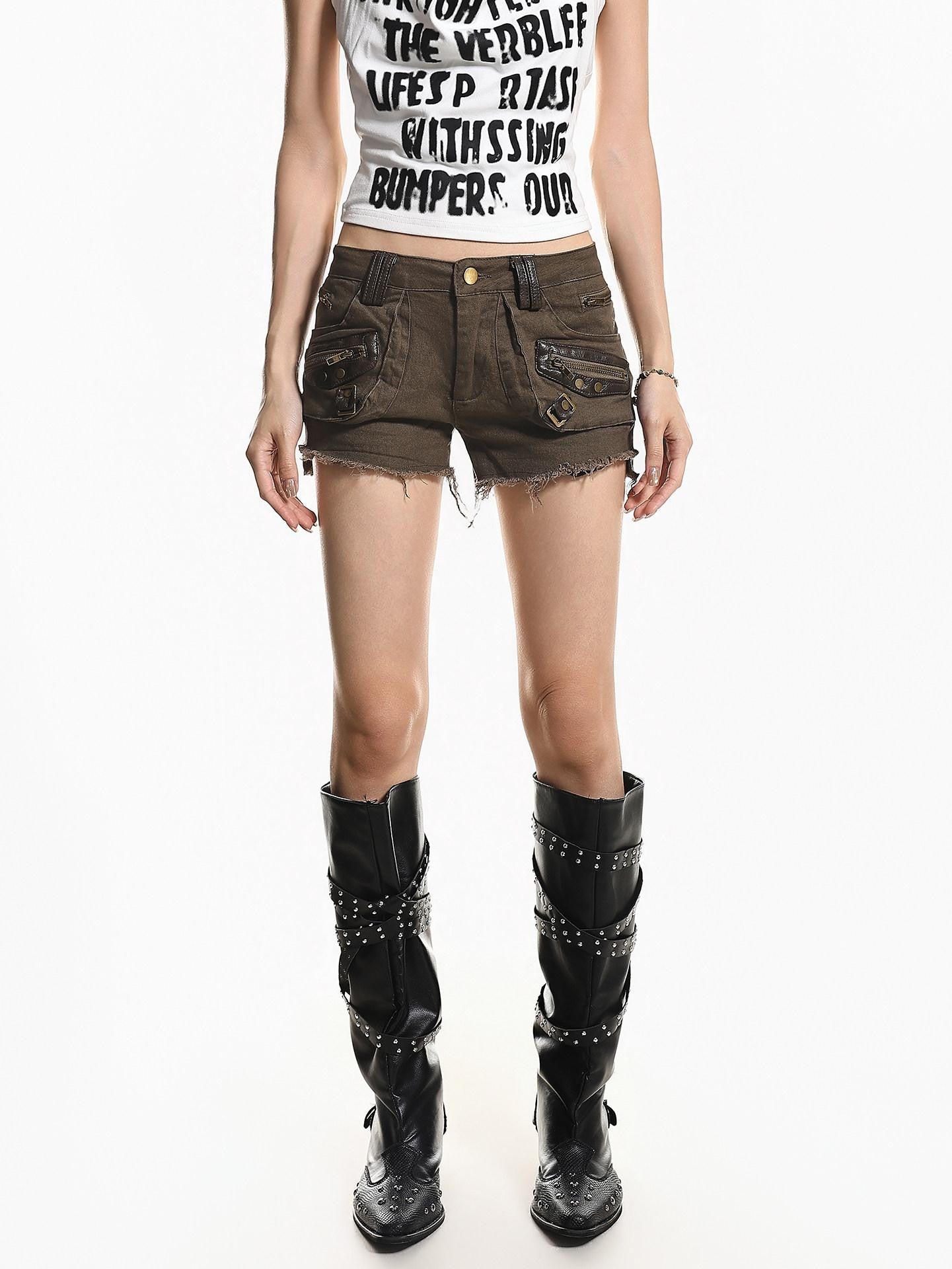 XPKAEAX Vintage High Waist Cargo Raw Hem Straight Women's Washed Denim Shorts