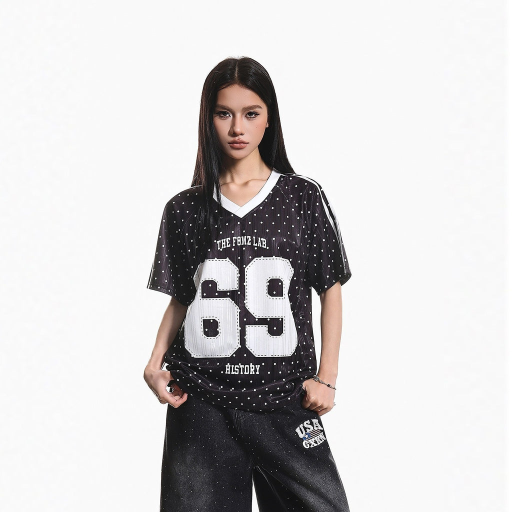 XPKAEAX Vintage Jersey Polka Dot V-neck Printed Loose Women's Short Sleeve T-shirts 1036216145496