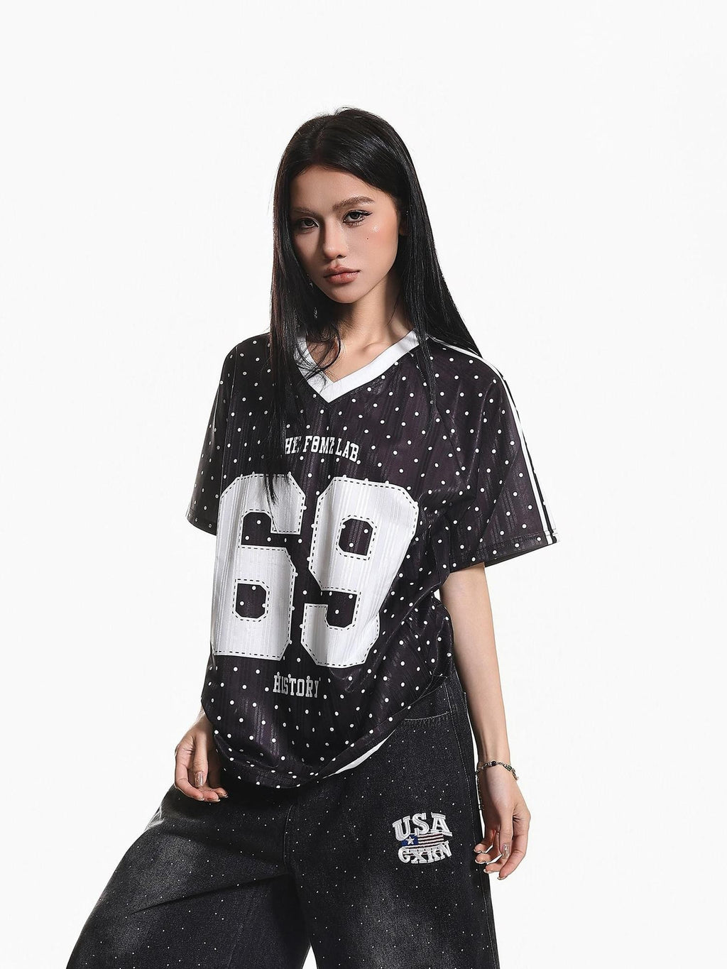 XPKAEAX Vintage Jersey Polka Dot V-neck Printed Loose Women's Short Sleeve T-shirts