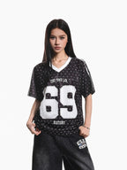 XPKAEAX Vintage Jersey Polka Dot V-neck Printed Loose Women's Short Sleeve T-shirts