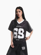 XPKAEAX Vintage Jersey Polka Dot V-neck Printed Loose Women's Short Sleeve T-shirts