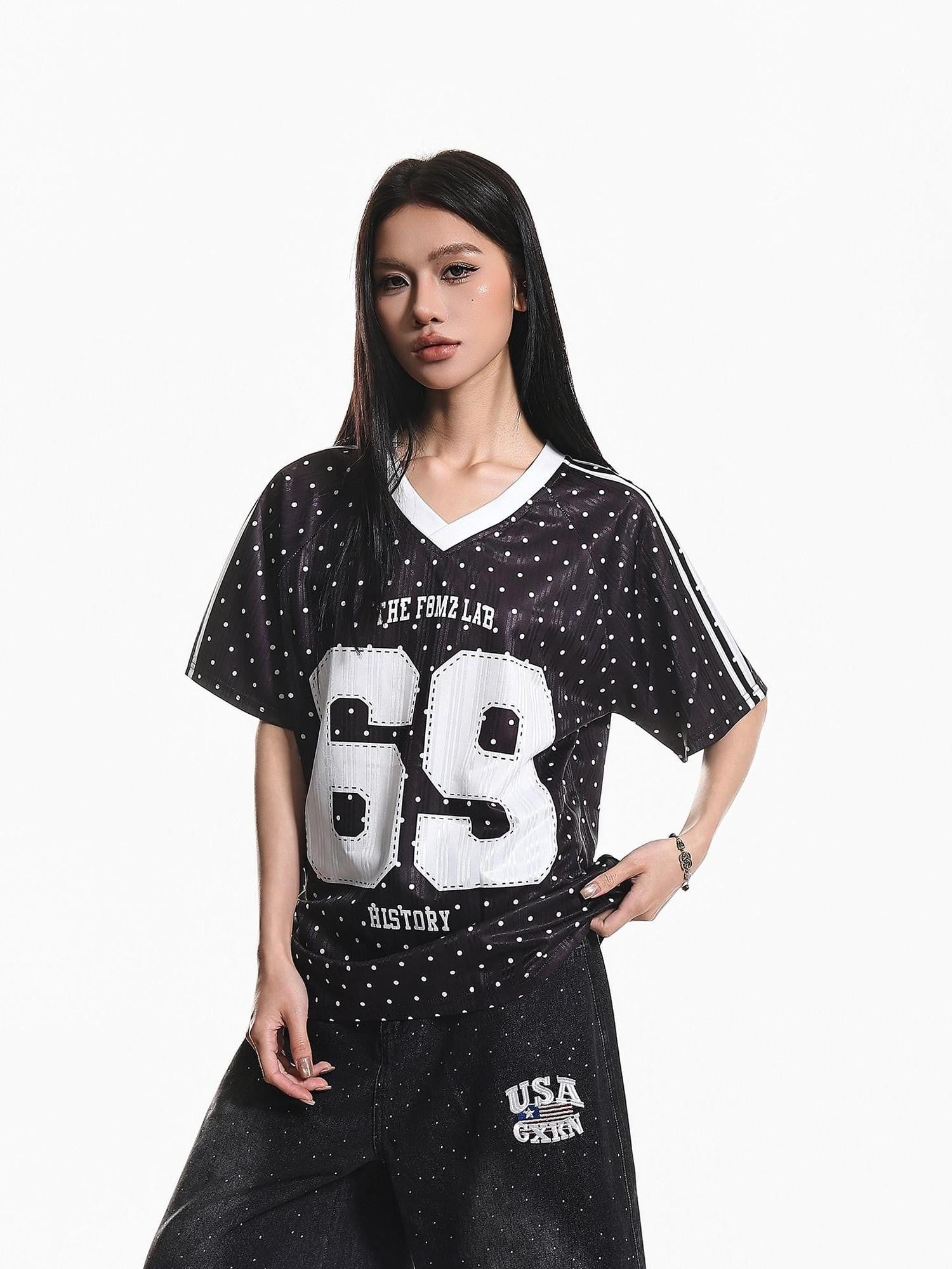 XPKAEAX Vintage Jersey Polka Dot V-neck Printed Loose Women's Short Sleeve T-shirts