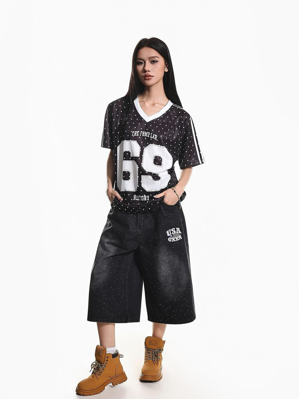 XPKAEAX Vintage Jersey Polka Dot V-neck Printed Loose Women's Short Sleeve T-shirts