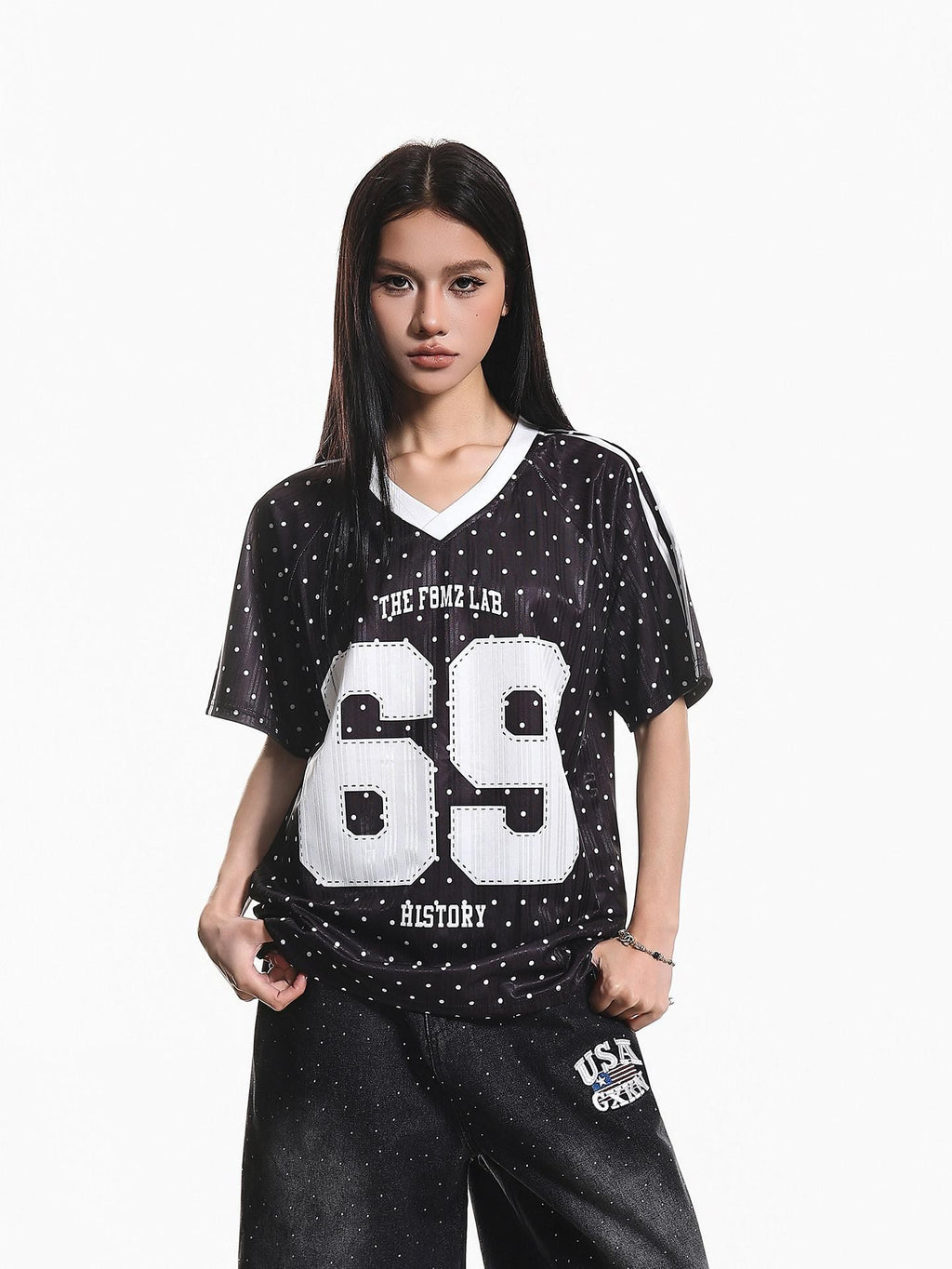 XPKAEAX Vintage Jersey Polka Dot V-neck Printed Loose Women's Short Sleeve T-shirts