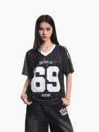 XPKAEAX Vintage Jersey Polka Dot V-neck Printed Loose Women's Short Sleeve T-shirts