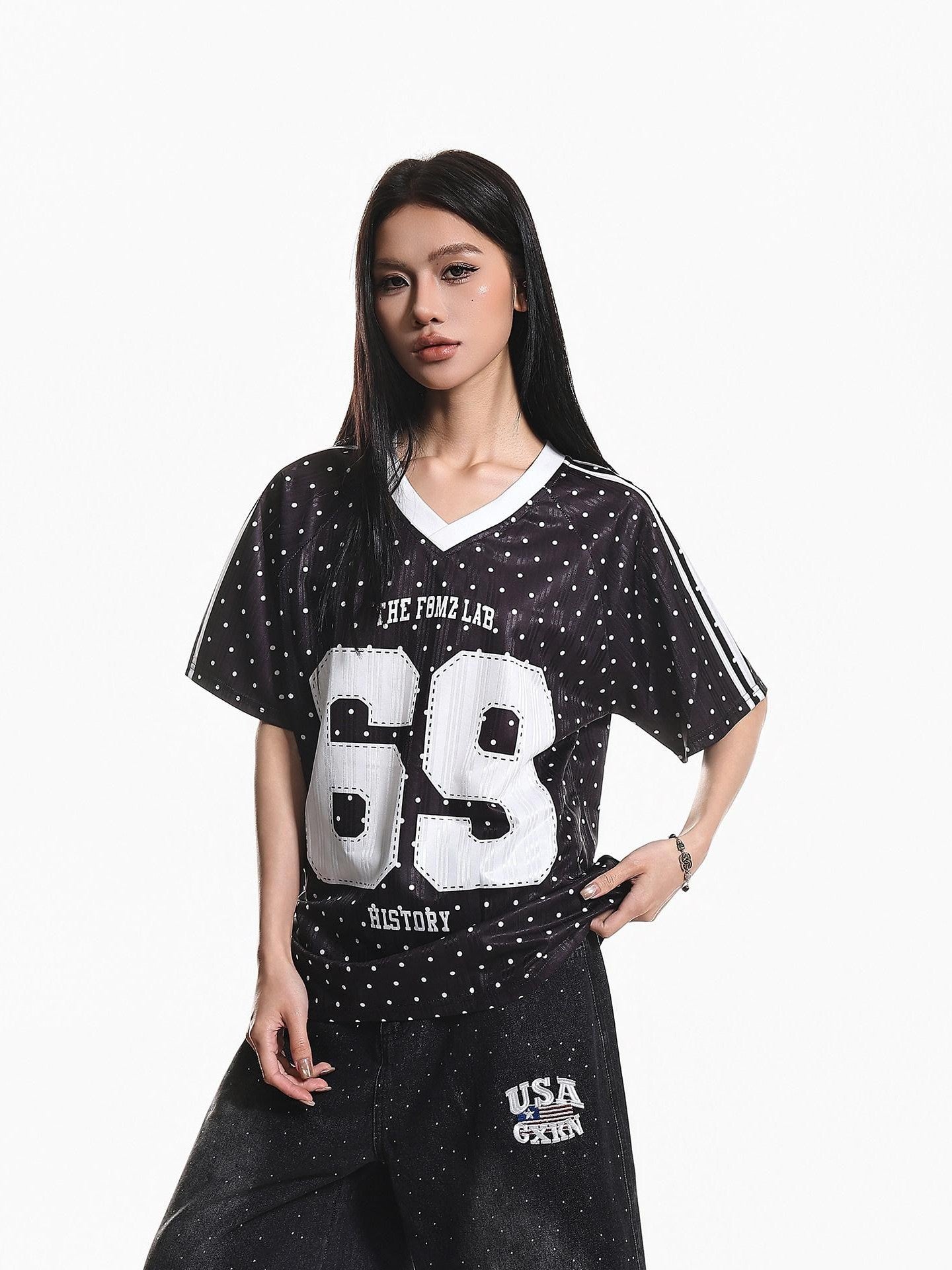 XPKAEAX Vintage Jersey Polka Dot V-neck Printed Loose Women's Short Sleeve T-shirts