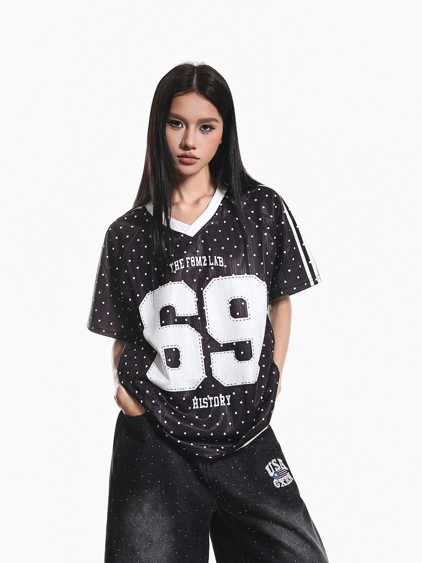 XPKAEAX Vintage Jersey Polka Dot V-neck Printed Loose Women's Short Sleeve T-shirts
