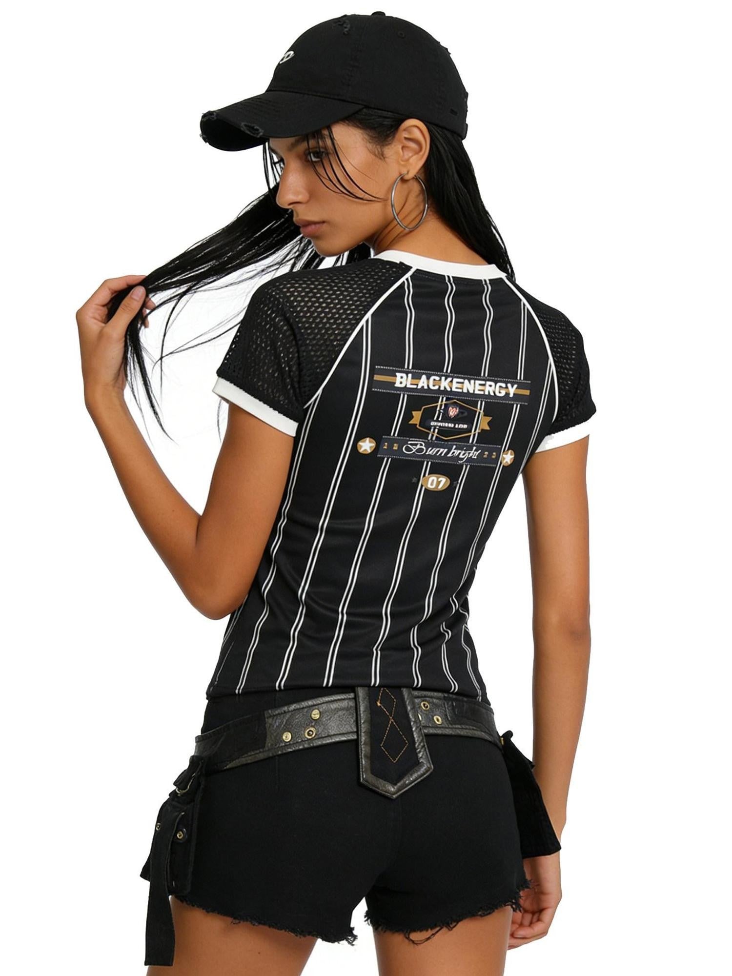 XPKAEAX Vintage Jersey Striped Mesh Print Women's Breathable Short Sleeve T-shirts