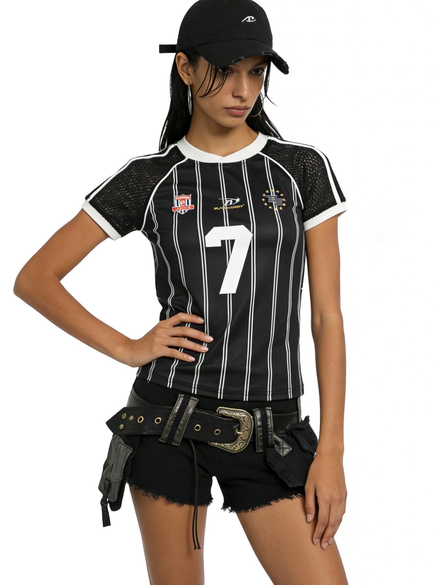 XPKAEAX Vintage Jersey Striped Mesh Print Women's Breathable Short Sleeve T-shirts