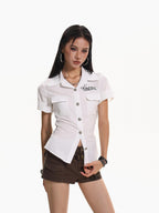XPKAEAX Vintage Letter Print Tie Backless Collared Women's Short Sleeve T-shirts
