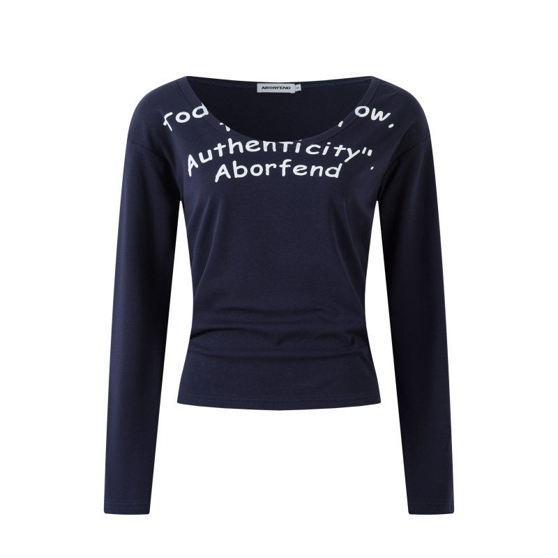 XPKAEAX Vintage Letter Print U Neck Off Shoulder Loose Women's Long Sleeve T-shirts 976126360988