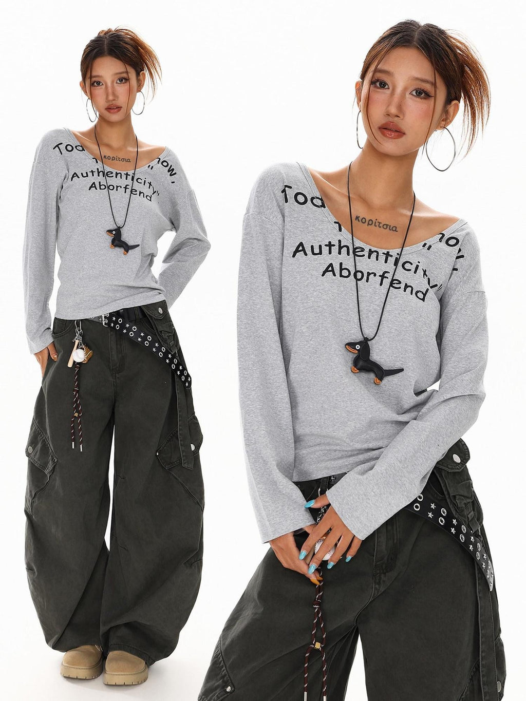 XPKAEAX Vintage Letter Print U Neck Off Shoulder Loose Women's Long Sleeve T-shirts
