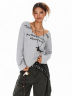 XPKAEAX Vintage Letter Print U Neck Off Shoulder Loose Women's Long Sleeve T-shirts
