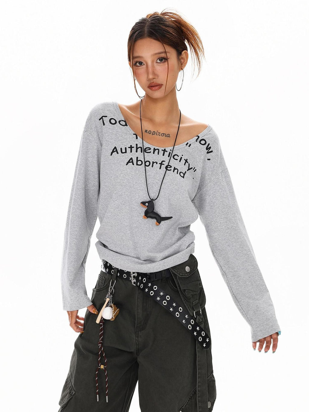 XPKAEAX Vintage Letter Print U Neck Off Shoulder Loose Women's Long Sleeve T-shirts