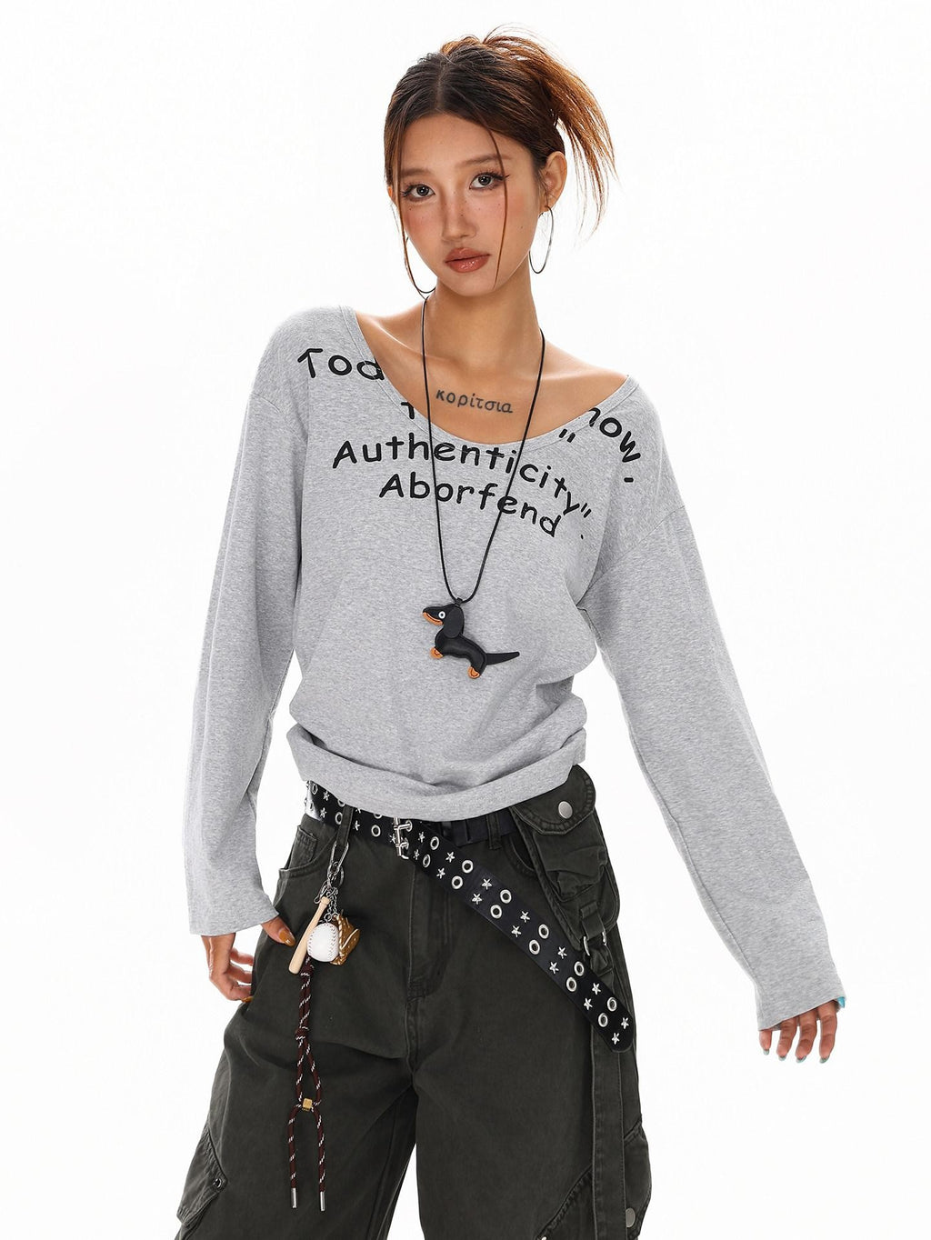 XPKAEAX Vintage Letter Print U Neck Off Shoulder Loose Women's Long Sleeve T-shirts