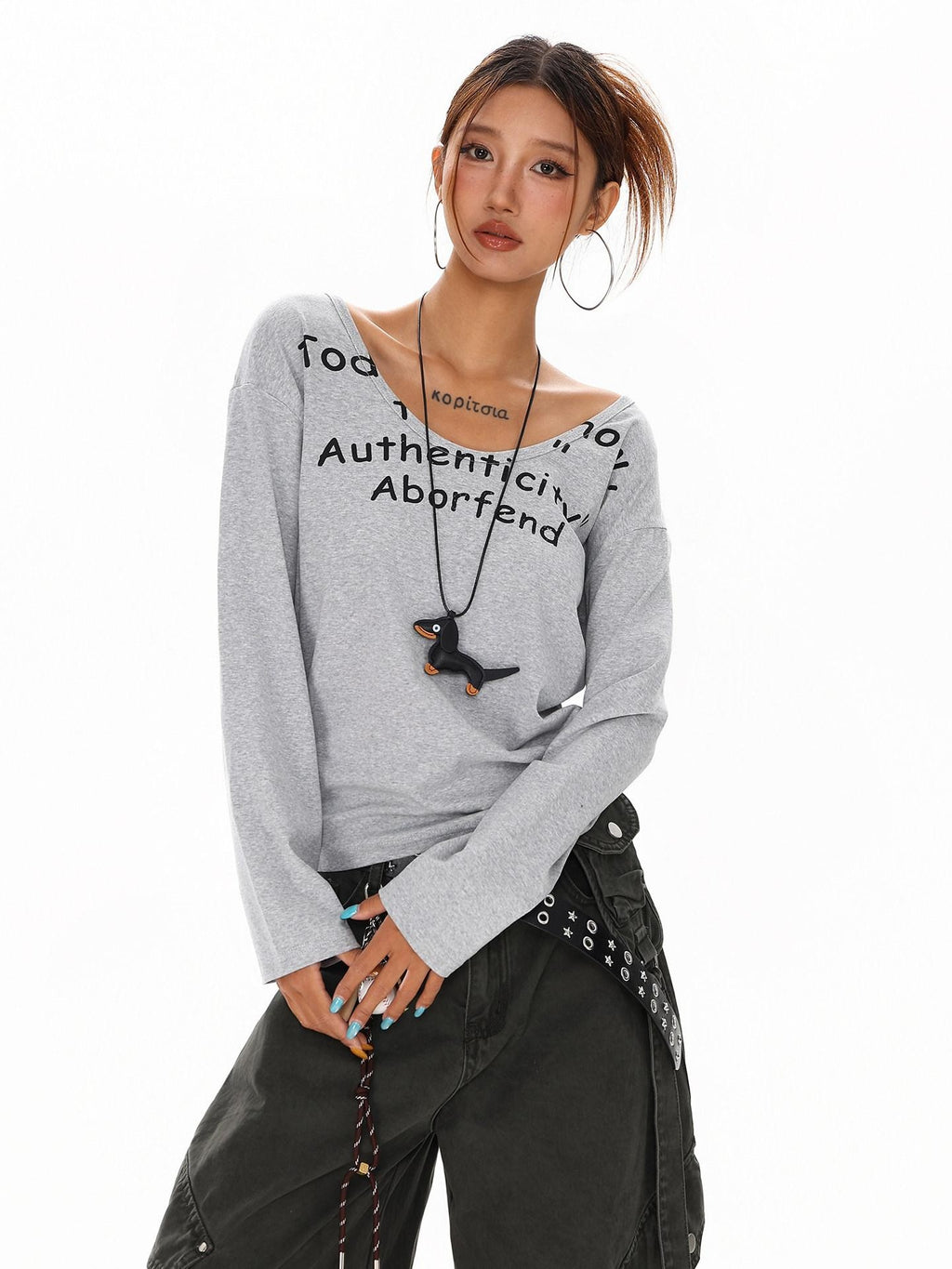 XPKAEAX Vintage Letter Print U Neck Off Shoulder Loose Women's Long Sleeve T-shirts