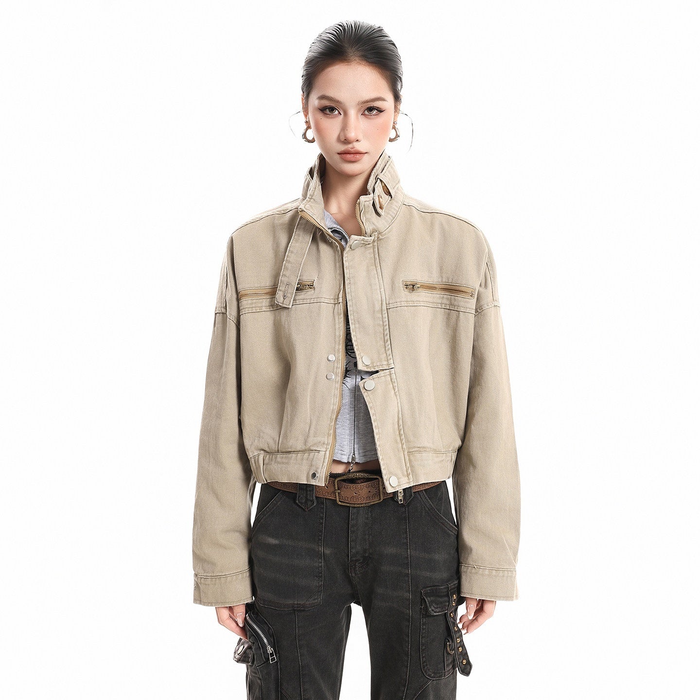 XPKAEAX Vintage Stand Collar Zipper Pockets Women's Cotton Cropped Jackets 1006853766717