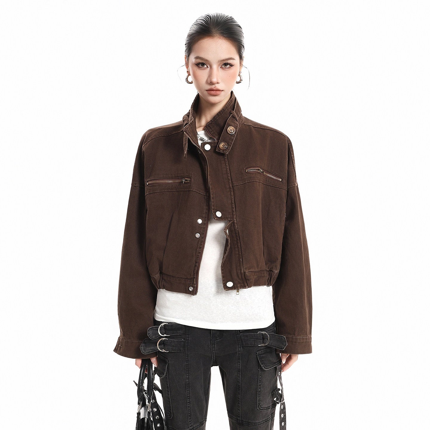 XPKAEAX Vintage Stand Collar Zipper Pockets Women's Cotton Cropped Jackets 1006853766717