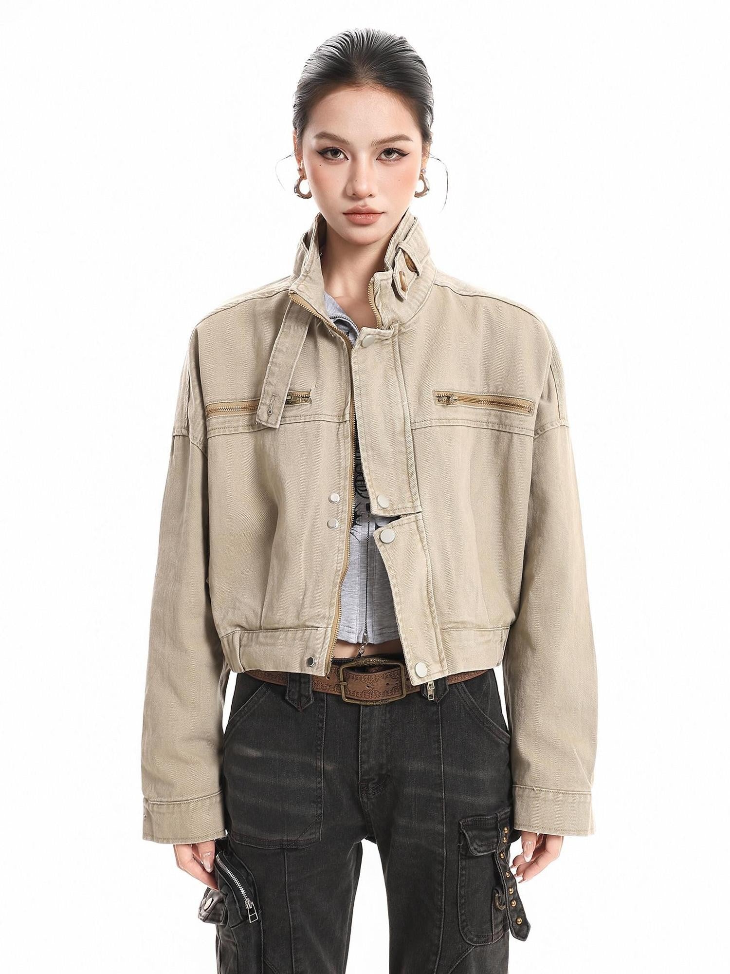 XPKAEAX Vintage Stand Collar Zipper Pockets Women's Cotton Cropped Jackets