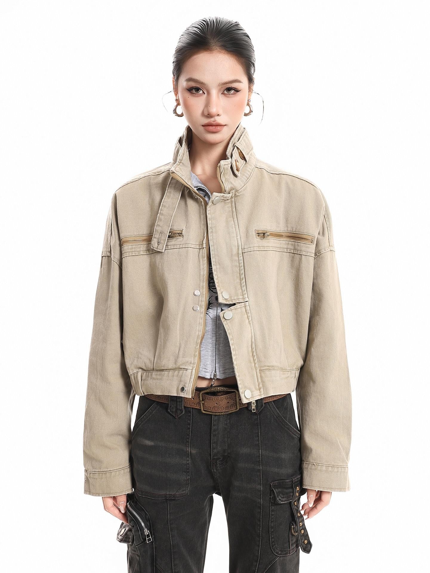 XPKAEAX Vintage Stand Collar Zipper Pockets Women's Cotton Cropped Jackets