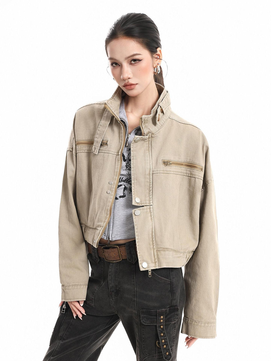 XPKAEAX Vintage Stand Collar Zipper Pockets Women's Cotton Cropped Jackets