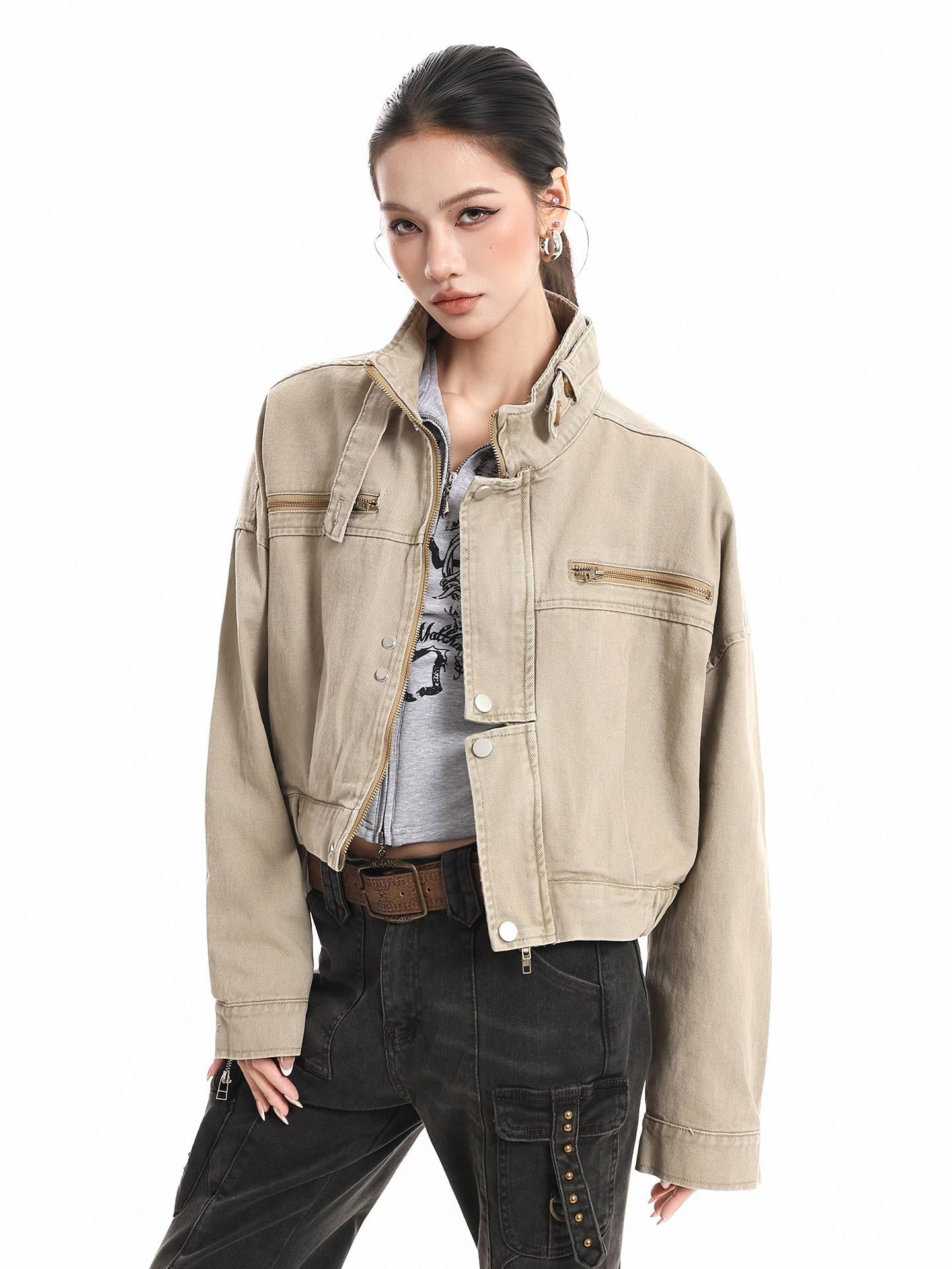 XPKAEAX Vintage Stand Collar Zipper Pockets Women's Cotton Cropped Jackets