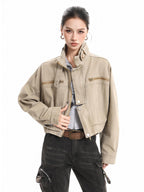 XPKAEAX Vintage Stand Collar Zipper Pockets Women's Cotton Cropped Jackets
