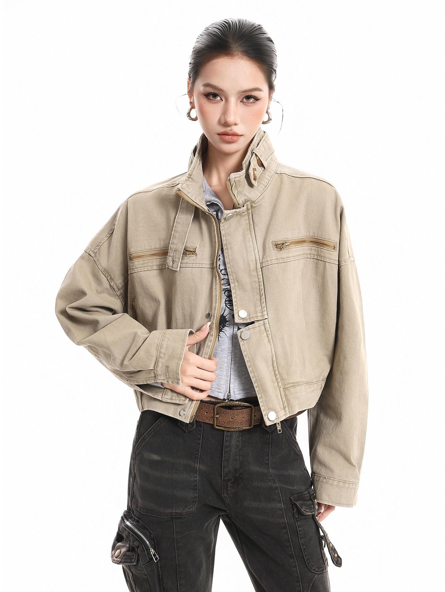 XPKAEAX Vintage Stand Collar Zipper Pockets Women's Cotton Cropped Jackets