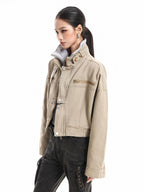XPKAEAX Vintage Stand Collar Zipper Pockets Women's Cotton Cropped Jackets