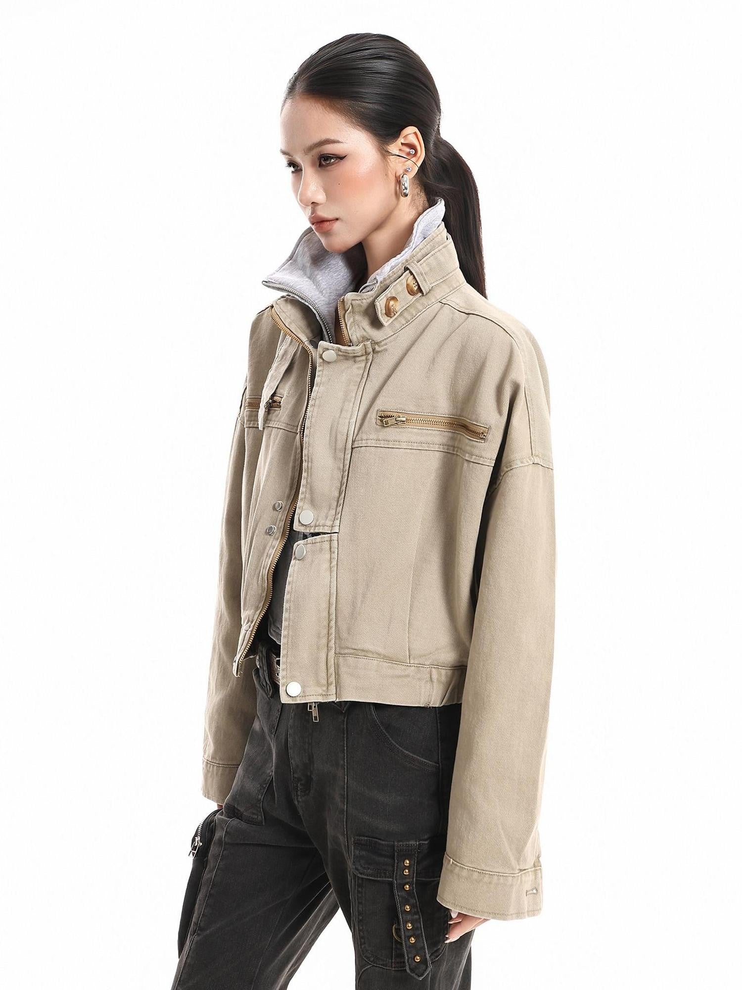 XPKAEAX Vintage Stand Collar Zipper Pockets Women's Cotton Cropped Jackets