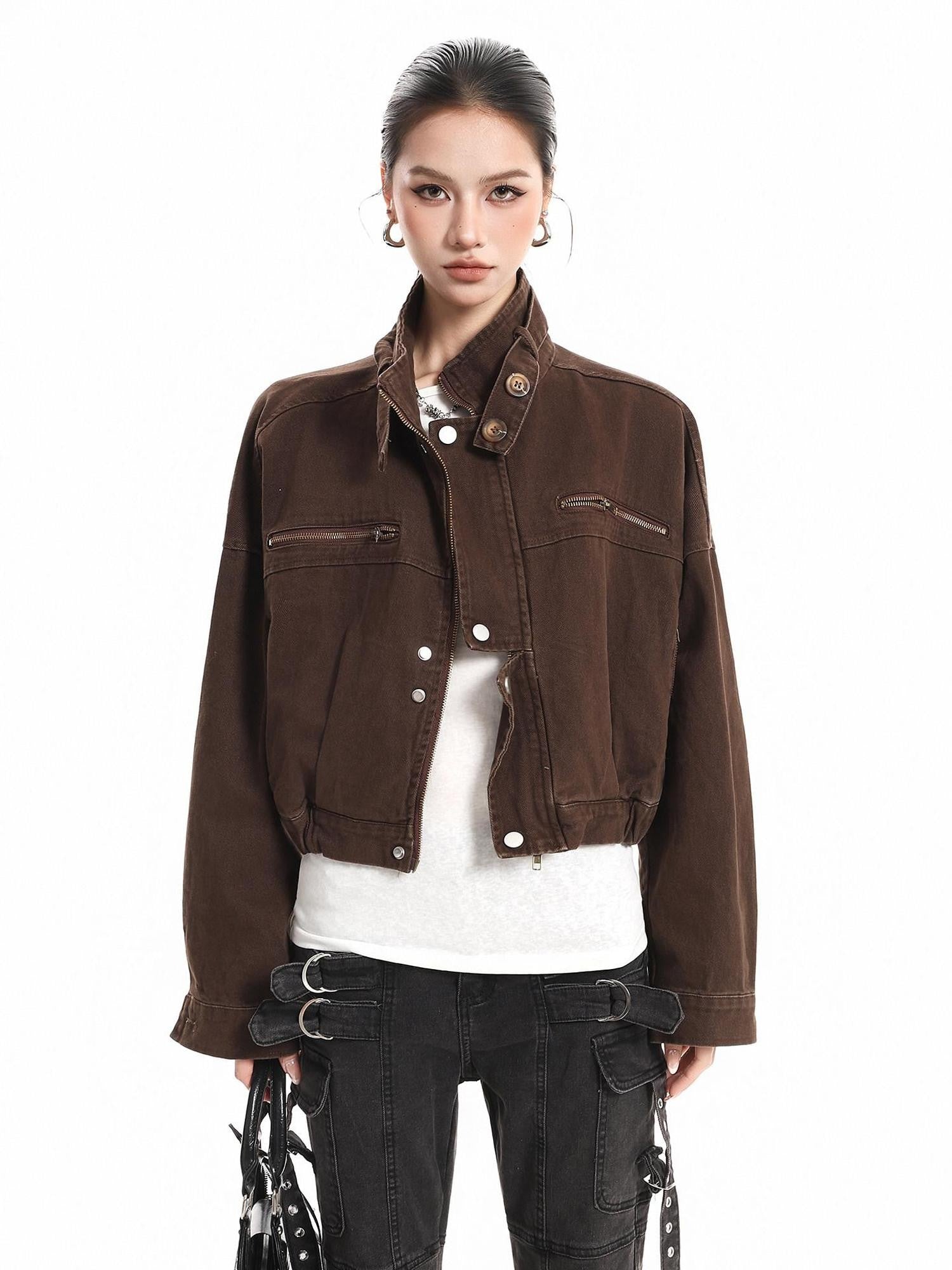 XPKAEAX Vintage Stand Collar Zipper Pockets Women's Cotton Cropped Jackets