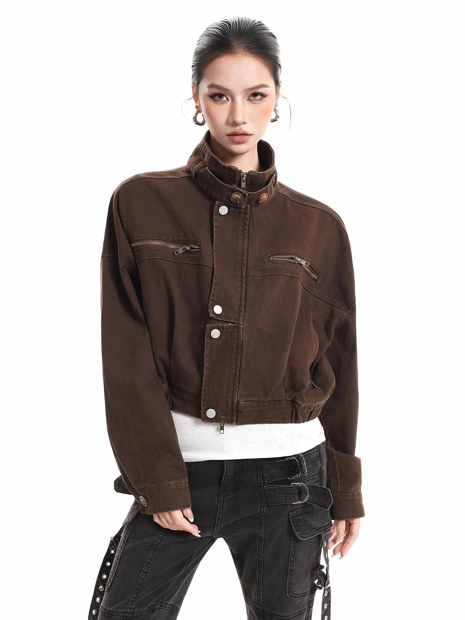 XPKAEAX Vintage Stand Collar Zipper Pockets Women's Cotton Cropped Jackets