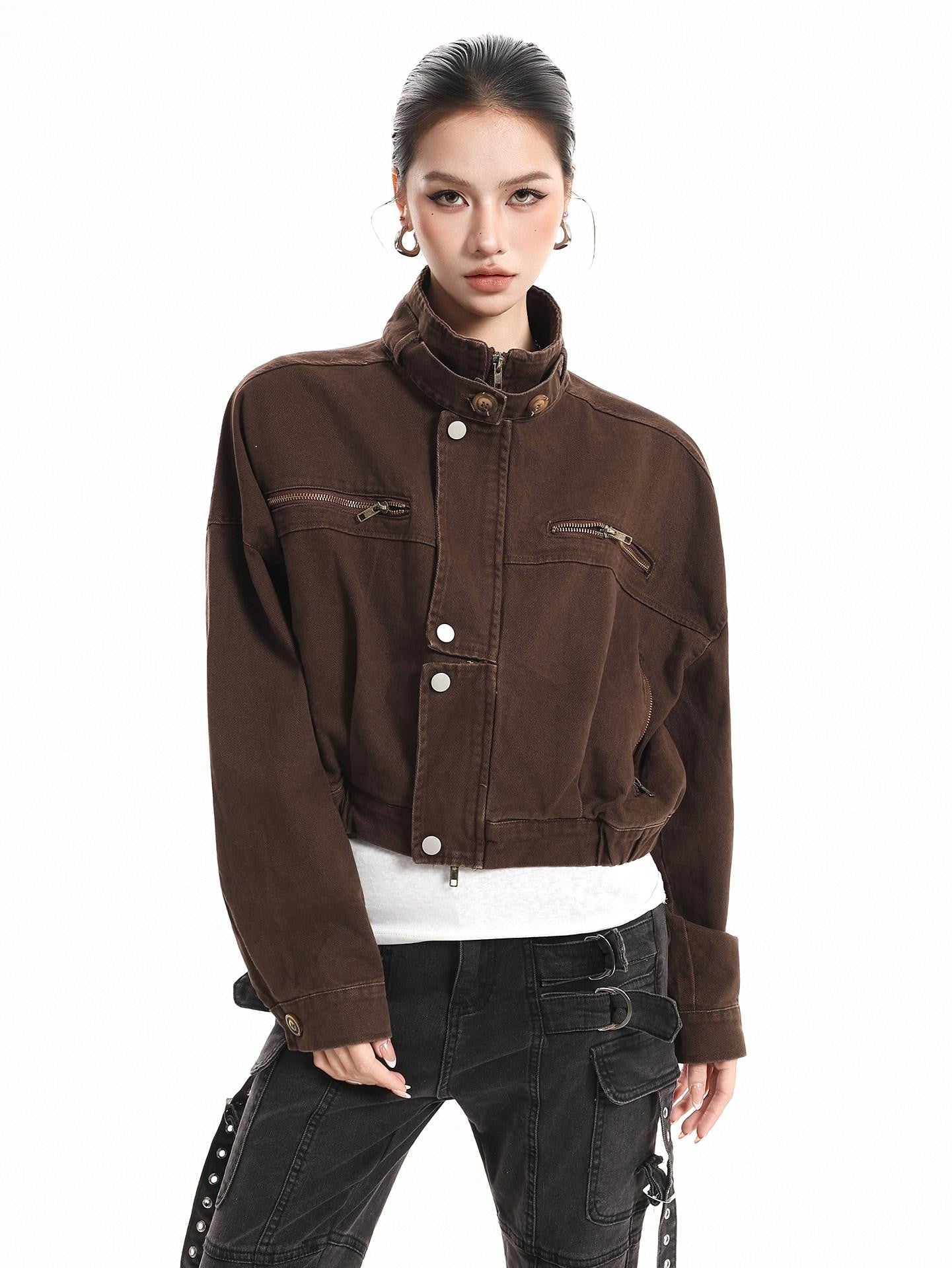 XPKAEAX Vintage Stand Collar Zipper Pockets Women's Cotton Cropped Jackets