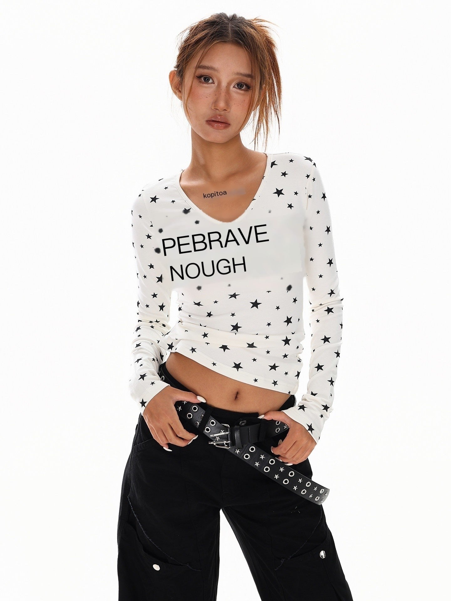 XPKAEAX Vintage Star Print V-neck Cropped Slim Fit Street Women's Long Sleeve T-shirts 958450762384